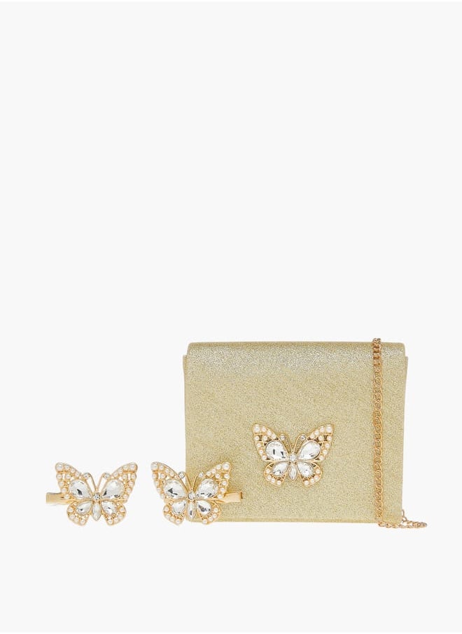 Flora Bella By Shoexpress Girls 3-Piece Glitter Embellished Sling Bag And Hairclip Set  - Image 1