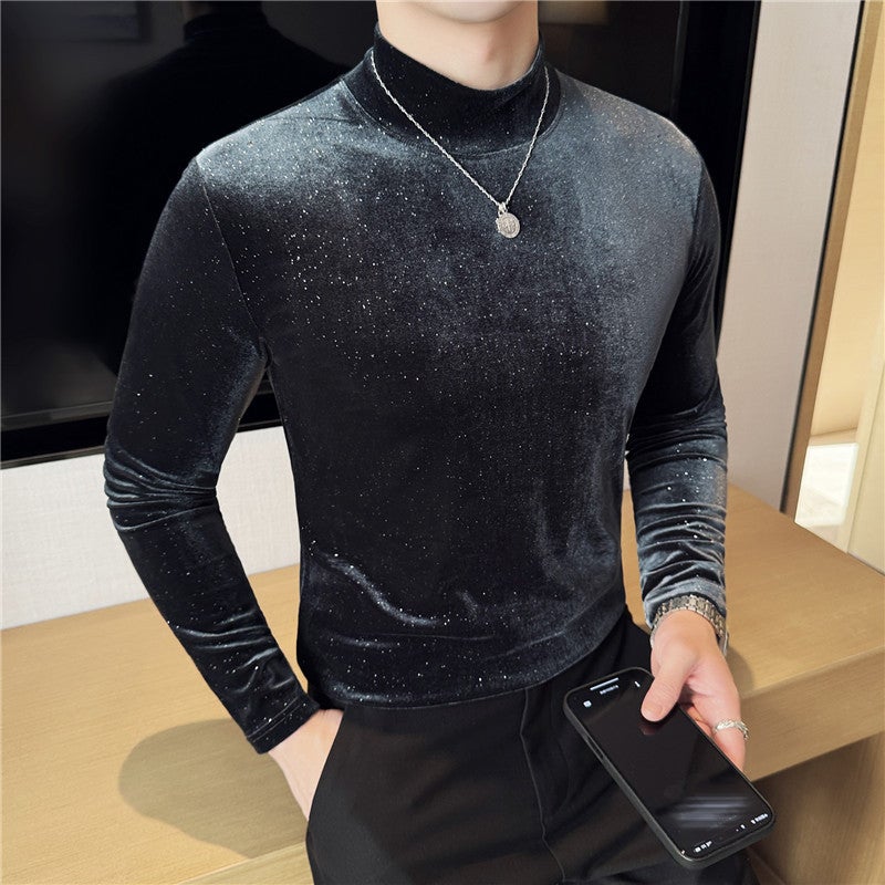 Men'S Clothing New Bottoming Shirt Gold Velvet Mid-Collar Long Sleeve T-Shirt Men'S Elastic Semi-High Collar Slim-Fit Inner T-Shirt