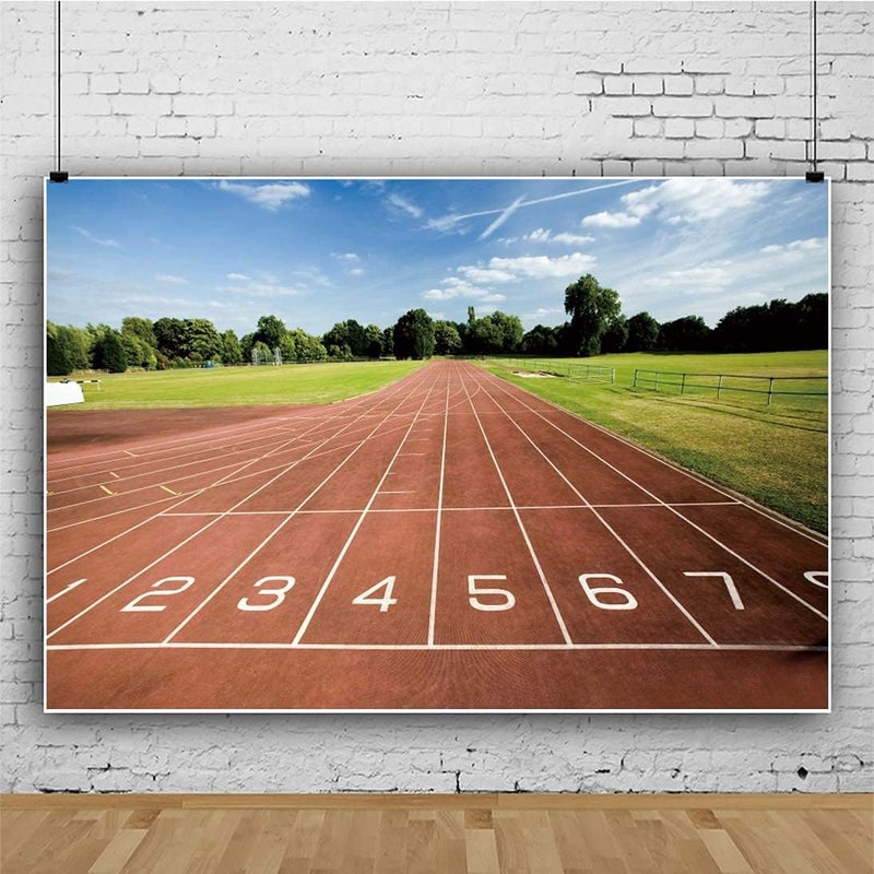 YongFoto 7x5ft Running Track Backdrop Red Runway Green Lawn Playground Background for Photography School Track and Field Athletics Decor Banner Photo Backdrop for Sports Parties - Image 4