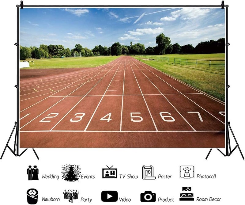 YongFoto 7x5ft Running Track Backdrop Red Runway Green Lawn Playground Background for Photography School Track and Field Athletics Decor Banner Photo Backdrop for Sports Parties - Image 3
