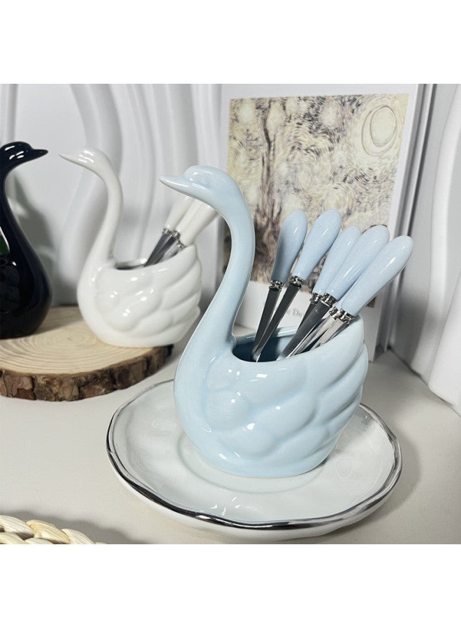Swan 304 Stainless Steel Fruit Fork Suit Ceramic Household Safety Fruit Sign Storage Cans Light Luxury Premium Sense-Specifications:White Swan + 6 Prongs - Image 3