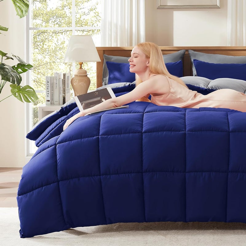 Decroom Lightweight King Comforter Set with 2 Pillow Sham - 3 Pieces Set - Quilted Down Alternative Comforter/Duvet Insert for All Season - Blue/Grey - King Size - Image 2