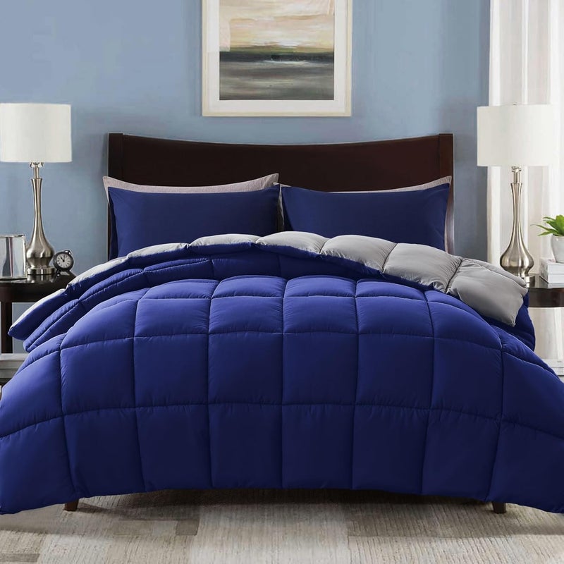 Decroom Lightweight King Comforter Set with 2 Pillow Sham - 3 Pieces Set - Quilted Down Alternative Comforter/Duvet Insert for All Season - Blue/Grey - King Size - Image 1