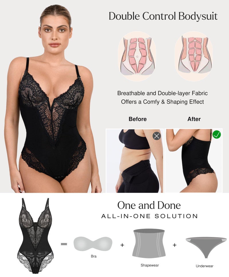 Popilush Lace Bodysuit Tummy Control Shapewear for Women Deep V Neck Corset Tops Sleeveless Body Suit Thongs - Image 2
