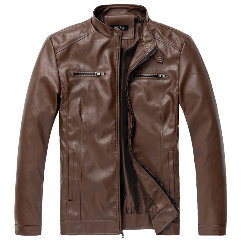 WULFUL Mens Stand Collar Leather Jacket Motorcycle Lightweight Faux Leather Outwear - Image 2
