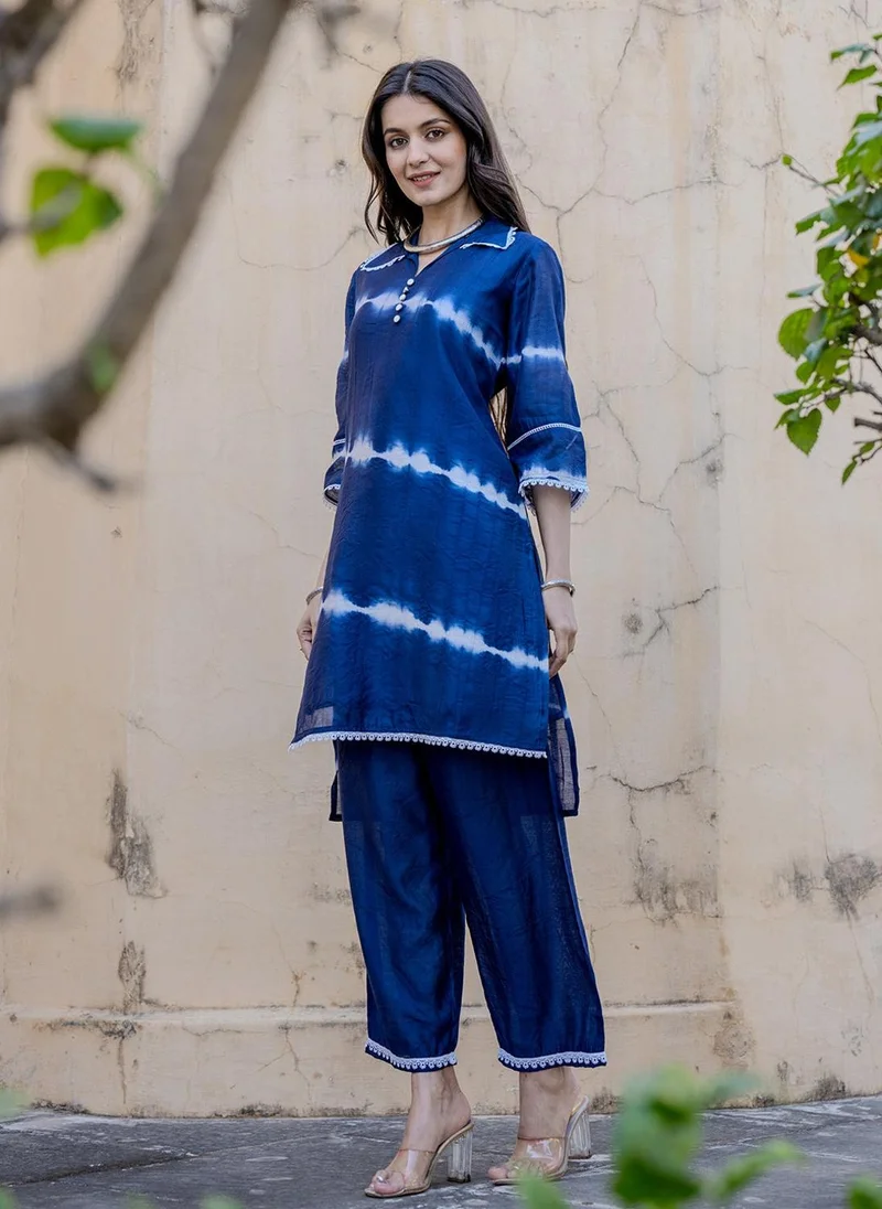 ZERESOUQ Blue Chanderi Silk Tie Dye 2-Piece Kurta Set
