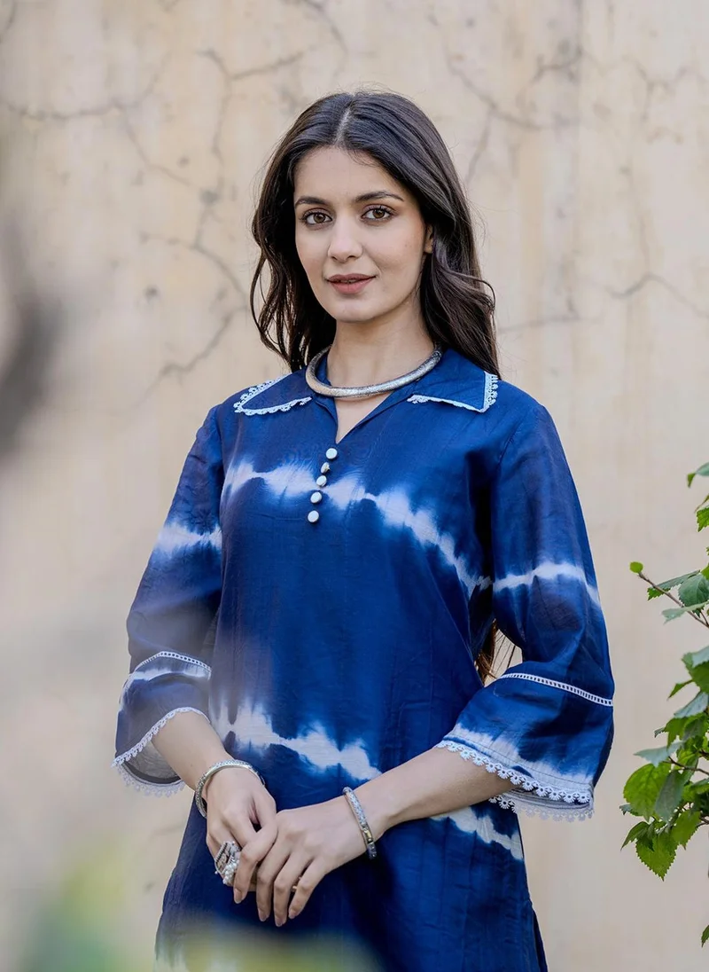 ZERESOUQ Blue Chanderi Silk Tie Dye 2-Piece Kurta Set