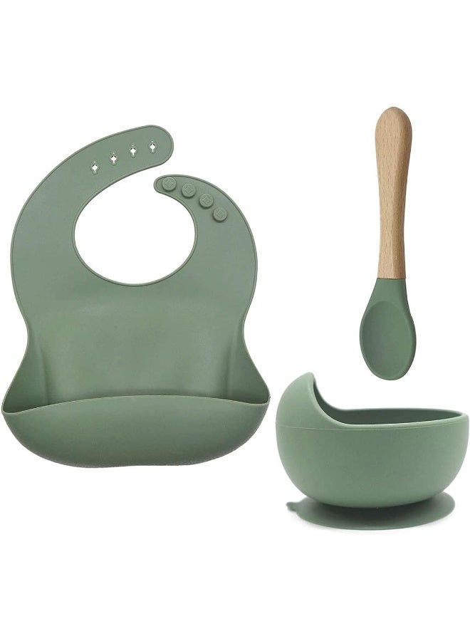 IBAMA Silicone Baby Feeding Three-piece Tableware Set (Bowls with Suction Bibs Spoons) Baby Self-taught Eating Utensils, Food Grade Silicone Suitable For Infants Over 6 Months Old-Green
