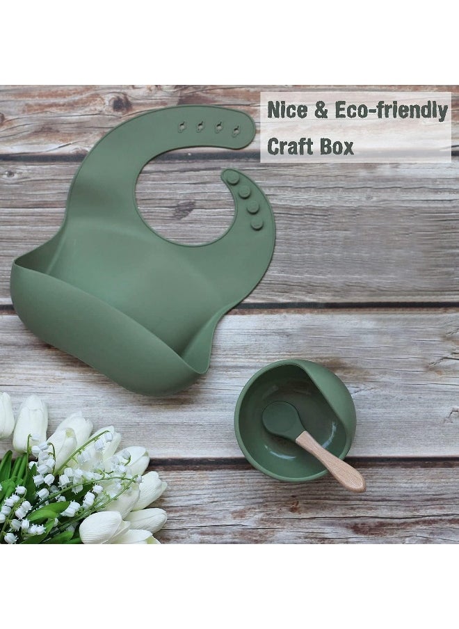 IBAMA - IBAMA Silicone Baby Feeding Three-piece Tableware Set (Bowls with Suction Bibs Spoons) Baby Self-taught Eating Utensils, Food Grade Silicone Suitable For Infants Over 6 Months Old-Green - Image 1