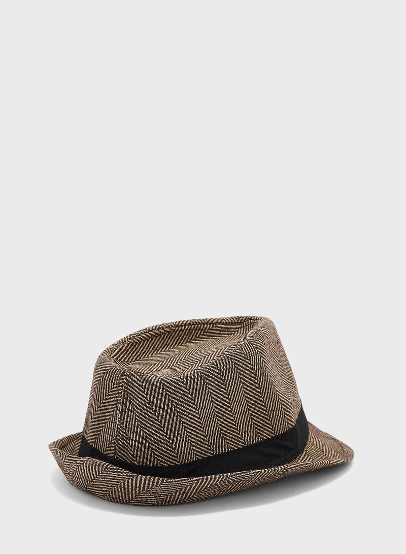 Robert Wood Herringbone Wide Strap Detail Fedora Hat