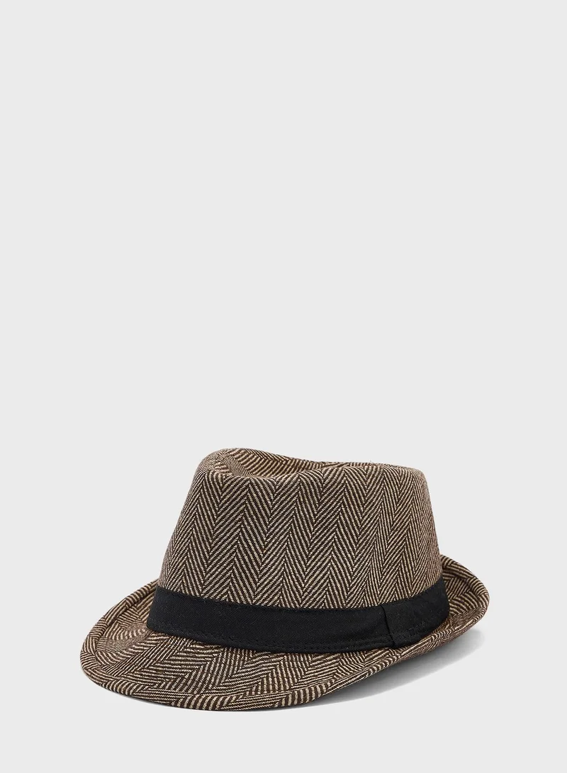 Robert Wood Herringbone Wide Strap Detail Fedora Hat