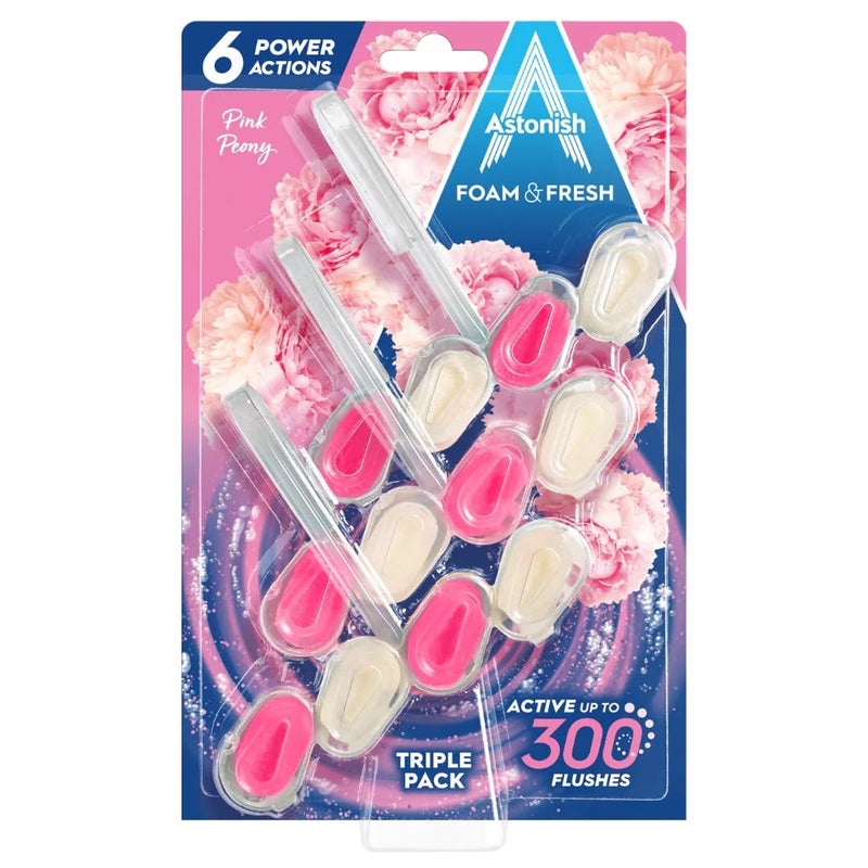 Astonish Foam & Fresh Pink Peony Toilet Rim Blocks – 3-Pack | 6 Power Actions: Limescale Prevention, Odour Control, Rich Foam | Up to 300 Flushes per Block | Vegan & Cruelty-Free | UK Made - Image 3