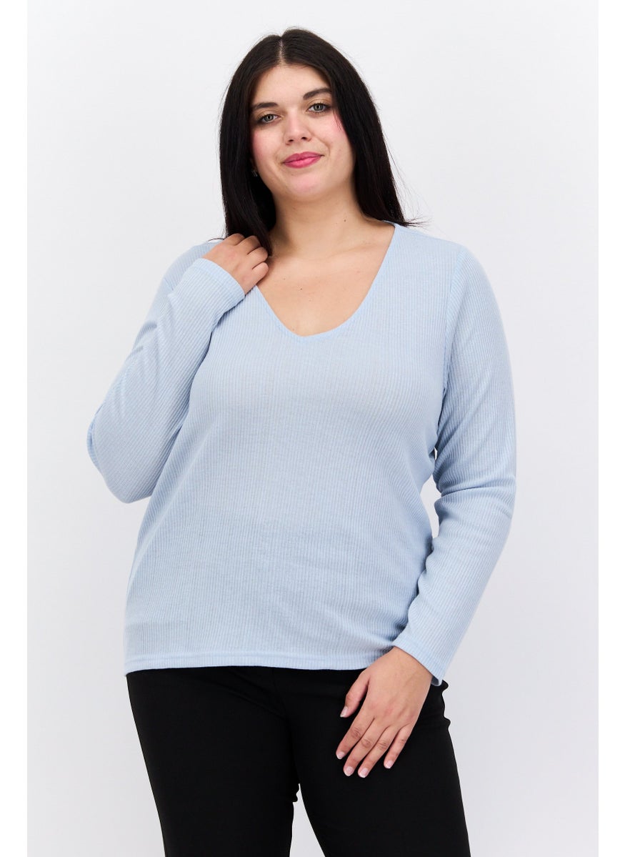 Women Curve V Neck Long Sleeves Textured Blouse, Light Blue - pzsku/Z5C90F44DDC71141986A4Z/45/_/1737642484/58e0bd0e-356e-4260-ab90-55586915519c