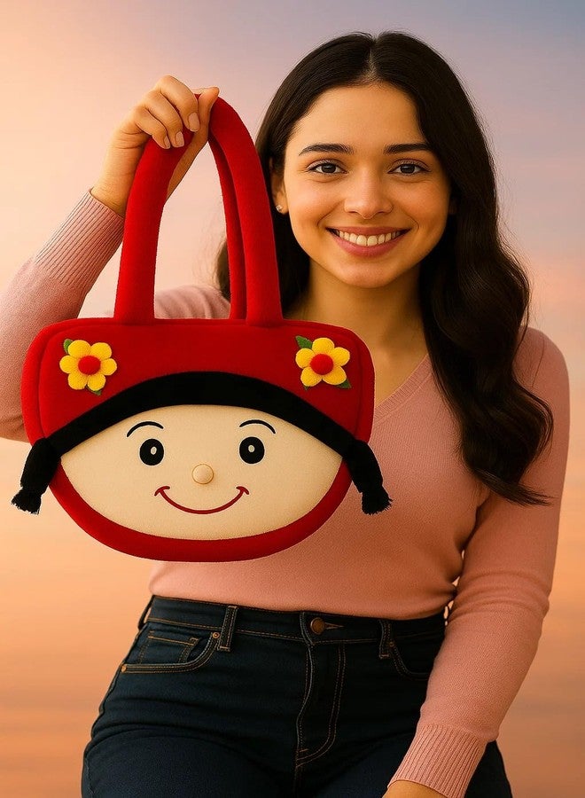 GT Gungun Toys Cute Pink Plush Tote Bag for Girls - Soft Cartoon Face Shoulder Handbag with Floral Design, Lightweight Women Purse for Daily Use, Gifts & Travel - Red - Image 5