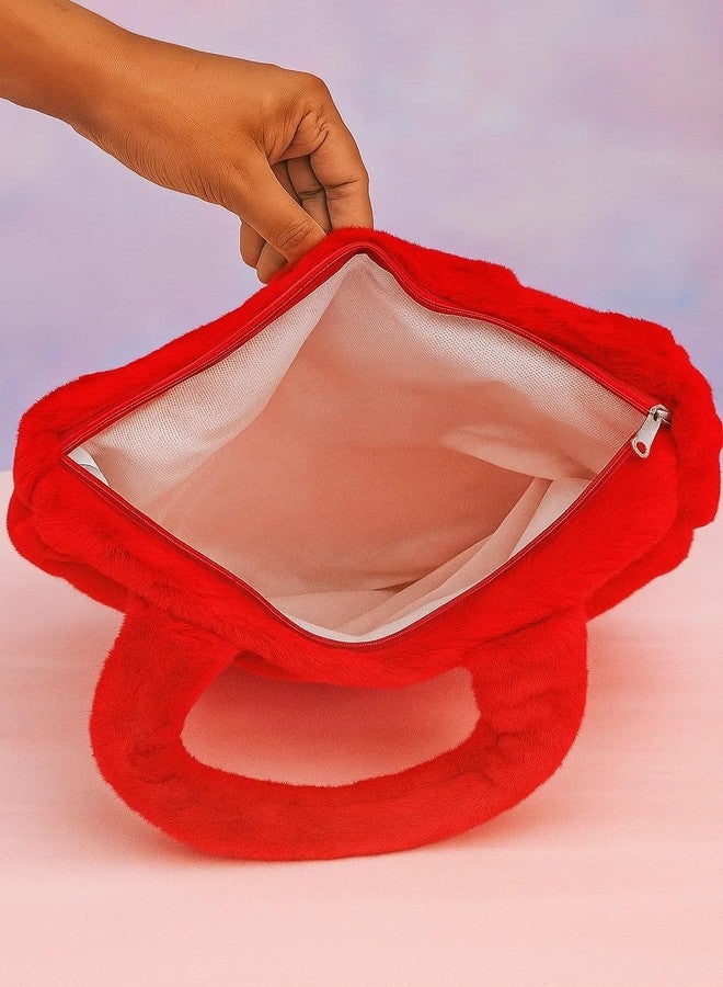 GT Gungun Toys Cute Pink Plush Tote Bag for Girls - Soft Cartoon Face Shoulder Handbag with Floral Design, Lightweight Women Purse for Daily Use, Gifts & Travel - Red - Image 3