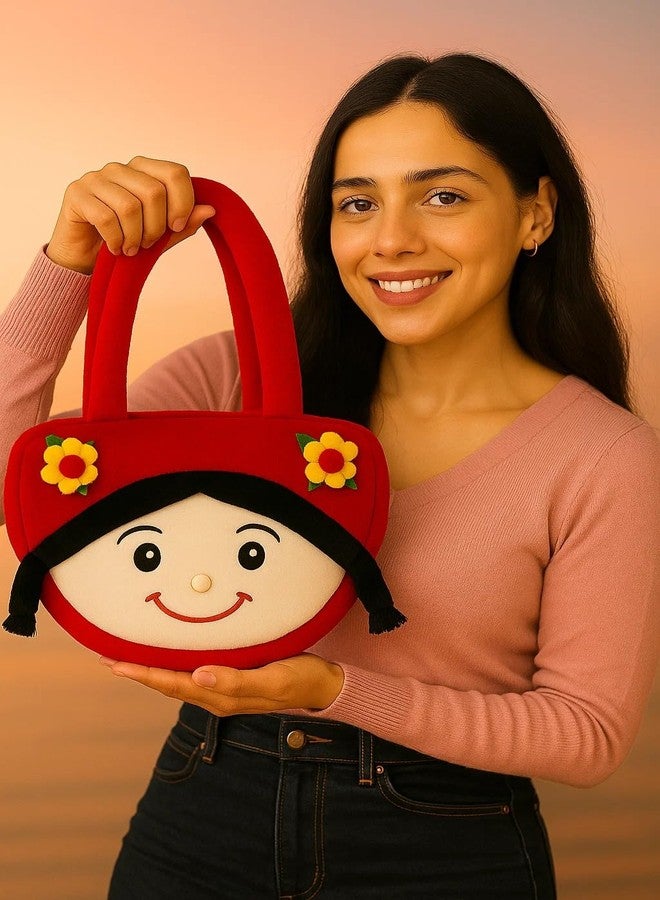 GT Gungun Toys Cute Pink Plush Tote Bag for Girls - Soft Cartoon Face Shoulder Handbag with Floral Design, Lightweight Women Purse for Daily Use, Gifts & Travel - Red - Image 4