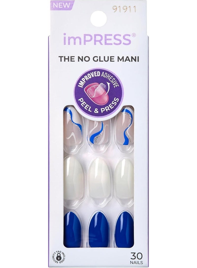 إمبريس Kiss IMM46C أظافر imPRESS The No Glue Mani اللاصقة – تصميم أزرق وأبيض مع لمسات جليتر (30 ظفرًا) - Image 1