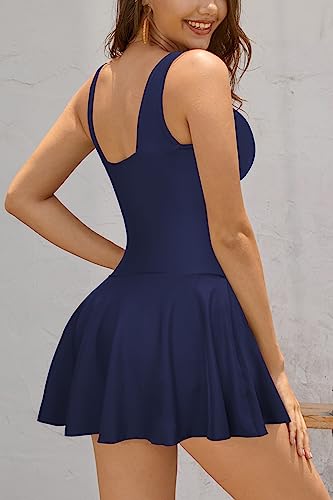 SHEKINI Women's V Neck One Piece Skirt Swimsuit Ruched Retro Swimdress Bathing Suit (XX-Large, Malibu Blue) - Image 2