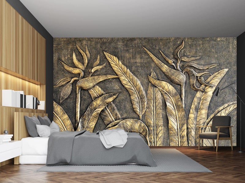 Cliouar-Golden Bird of Paradise Sculpture 3D Three-Dimensional Wallpaper Mural 103" x 69"(Not Self-Adhesive) - Image 1