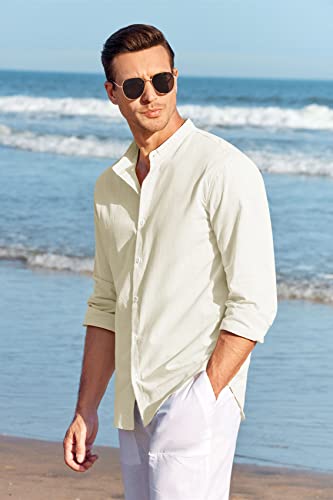 Makkrom Men Linen Shirt Button Down Long Sleeve Cotton Beach Band Collar Casual Summer Shirts - Image 5