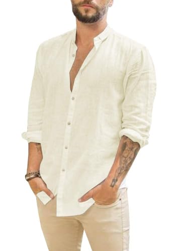 Makkrom Men Linen Shirt Button Down Long Sleeve Cotton Beach Band Collar Casual Summer Shirts - Image 1