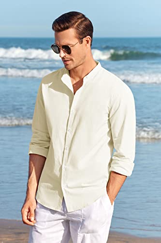 Makkrom Men Linen Shirt Button Down Long Sleeve Cotton Beach Band Collar Casual Summer Shirts - Image 4