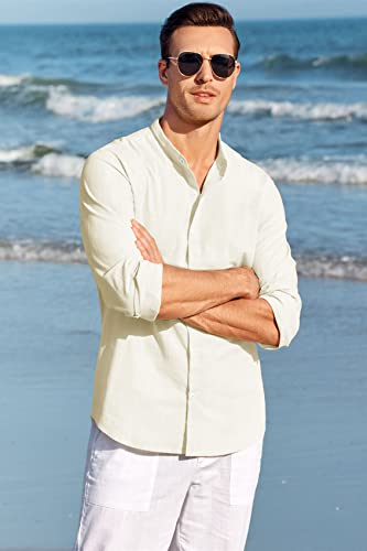 Makkrom Men Linen Shirt Button Down Long Sleeve Cotton Beach Band Collar Casual Summer Shirts - Image 2