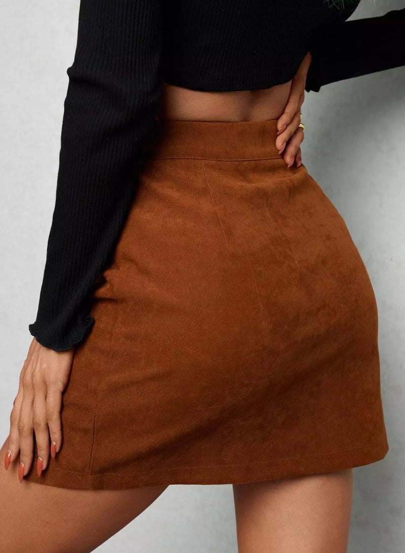 Zip Up Asymmetrical Hem Corduroy Skirt - Image 2