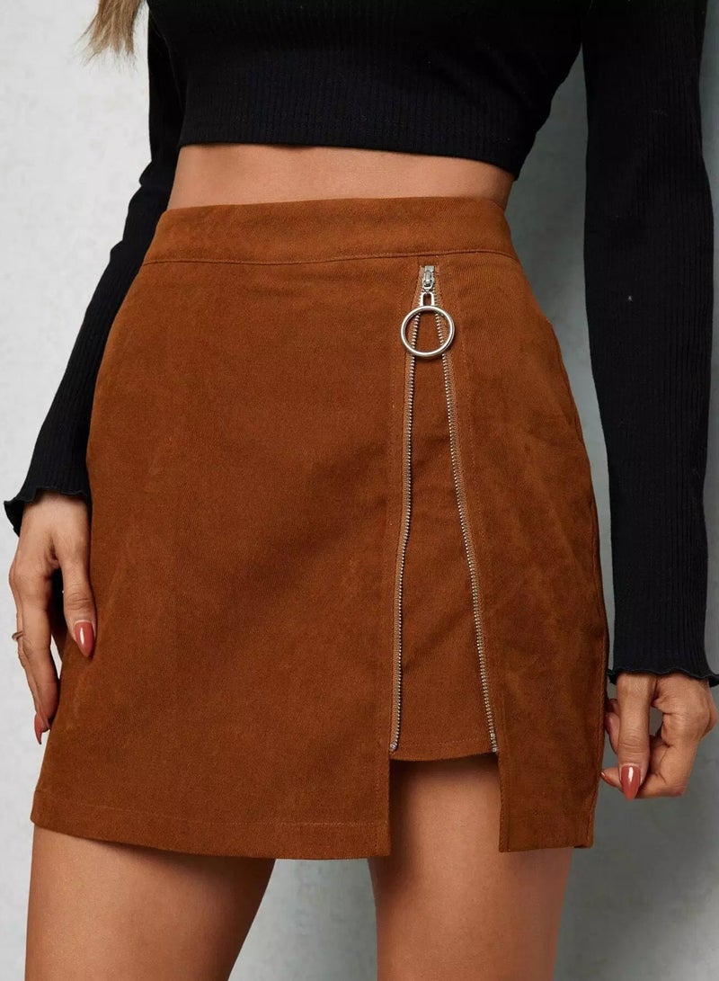 Zip Up Asymmetrical Hem Corduroy Skirt - Image 4