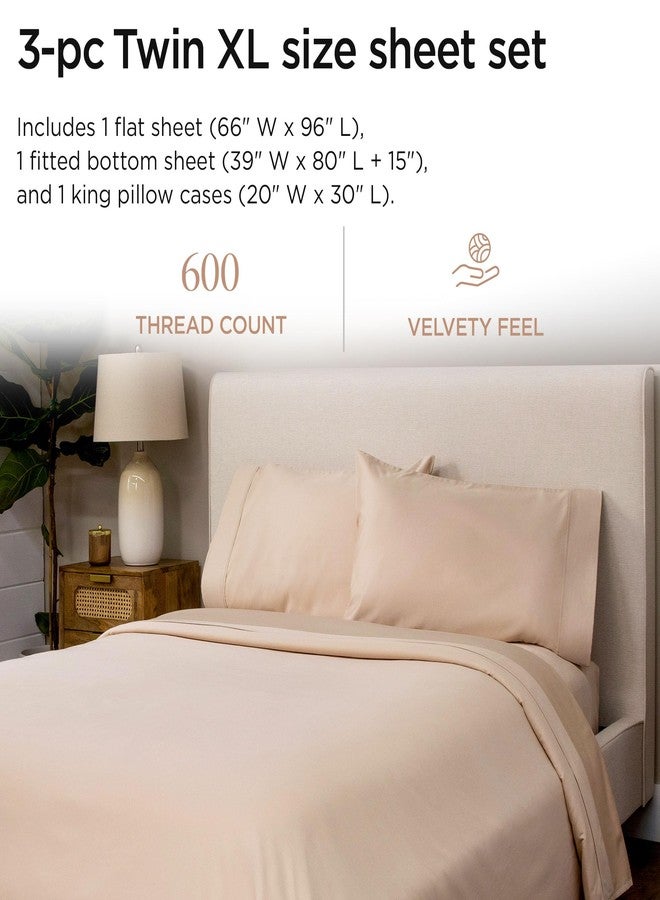 Threadmill 100% Cotton Sheets for Twin XL Size Bed - 600 Thread Count Twin XL Bed Sheets Set with 15” Deep Pocket - Sateen Weave 3-Piece Bedding Set with Cooling Effect, Beige - Image 2