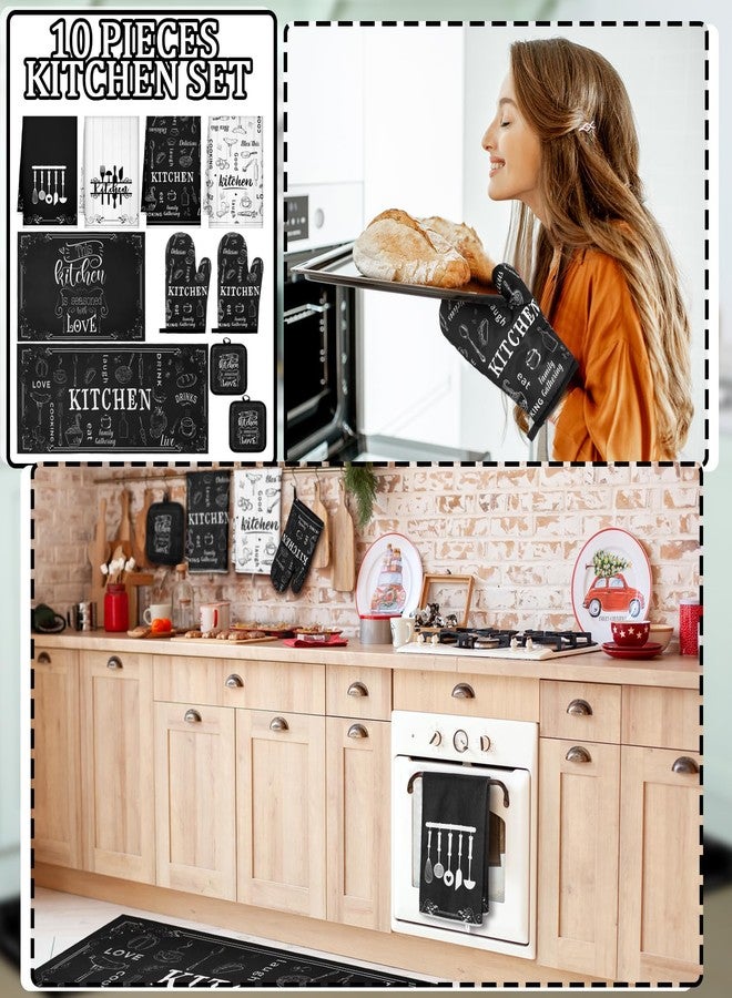 Fourluoo Rustic Kitchen Towels and Kitchen Rugs for Floor, Oven Gloves and Pot Holders - Rustic Towels for Home Decor, Gifts (10 Piece Set, Classic Black and White) - Image 4