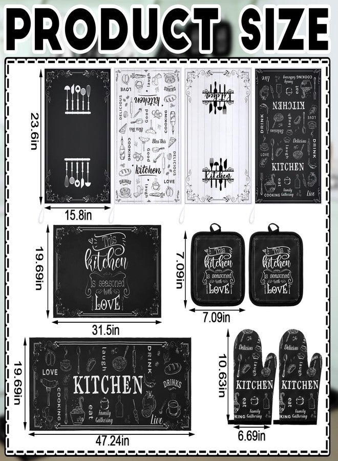 Fourluoo Rustic Kitchen Towels and Kitchen Rugs for Floor, Oven Gloves and Pot Holders - Rustic Towels for Home Decor, Gifts (10 Piece Set, Classic Black and White) - Image 3