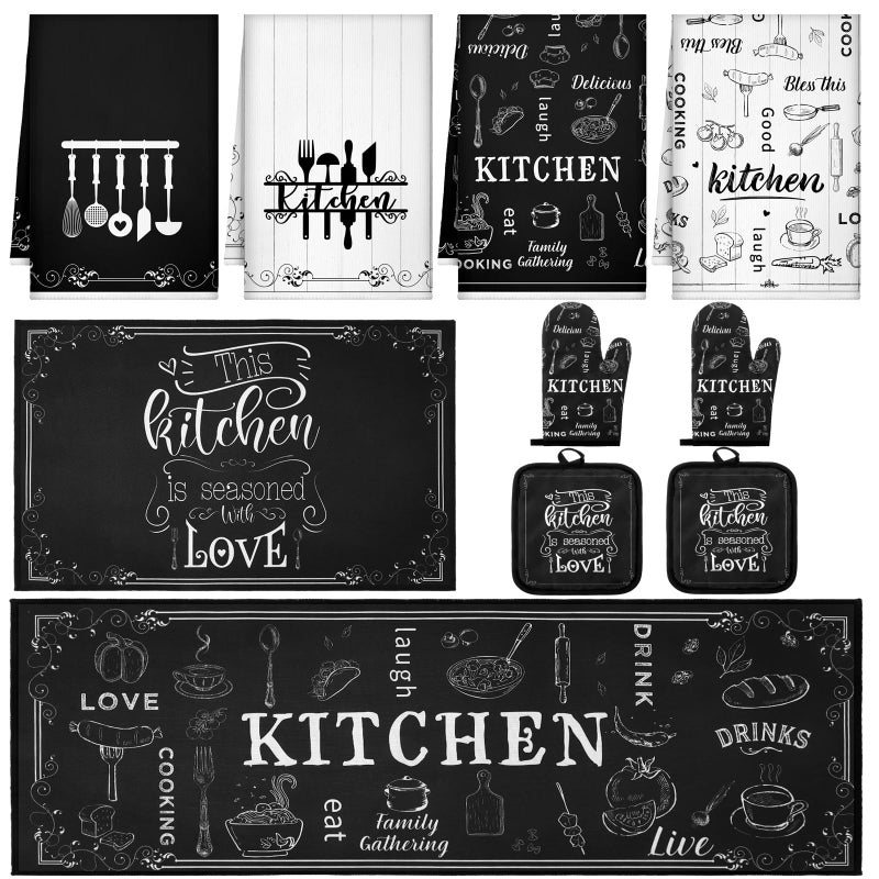 Fourluoo Rustic Kitchen Towels and Kitchen Rugs for Floor, Oven Gloves and Pot Holders - Rustic Towels for Home Decor, Gifts (10 Piece Set, Classic Black and White) - Image 1