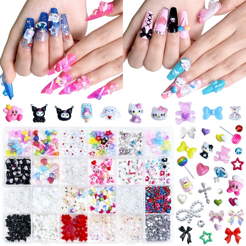 Briskbloom Mix Assorted 3D Nail Charms Kawaii Kitty Bowknot Lollipop Bear Planet Cross Nail Charm Supplies with Rhinestones Pearls Cartoon Nail Gems for Nail Design DIY Crafts Accessories - Image 1