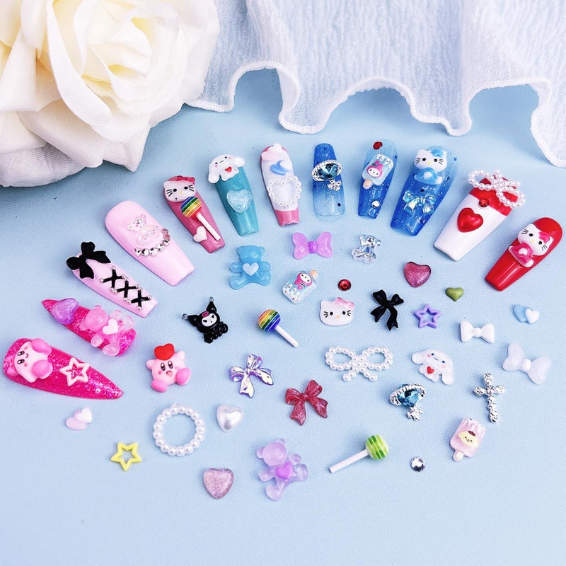 Briskbloom Mix Assorted 3D Nail Charms Kawaii Kitty Bowknot Lollipop Bear Planet Cross Nail Charm Supplies with Rhinestones Pearls Cartoon Nail Gems for Nail Design DIY Crafts Accessories - Image 4
