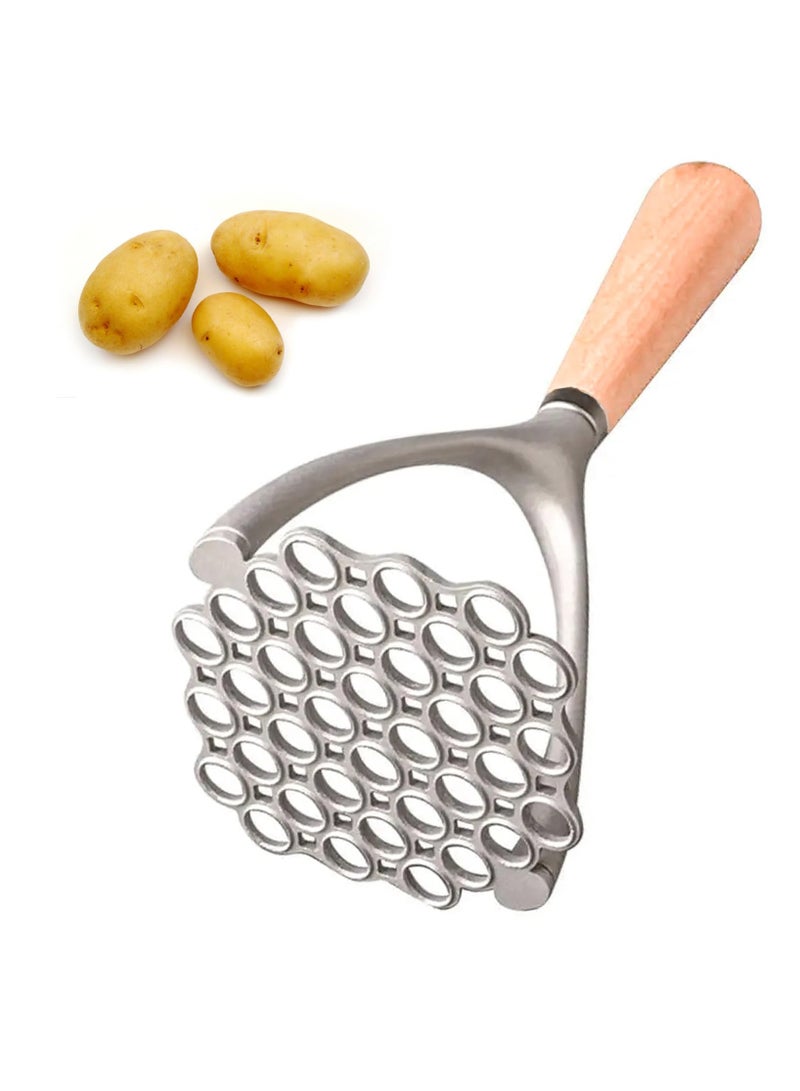 SYOSI Sturdy Masher, Potato Masher Aluminum Alloy with Non-slip Wood Handle, Manual Kitchen Tool/Food Masher, for Mashing Root Vegetables, Beans, Avocados, Fruits, Nuts, Fluffy Mashed Potato 9.25-Inch - Image 1