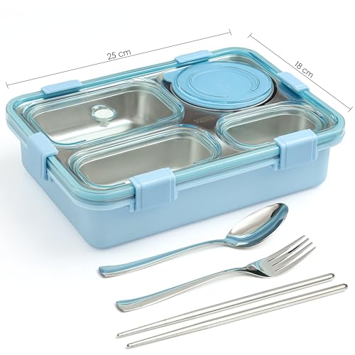 Brand Conquer Lunch Box 4 Compartment Leak-Proof BPA Free Stainless Steel for School, Lunch Box for School & Office with a Fork, a Spoon and a Pair of Chopsticks (Classic Blue, 4 Compartment) - Image 3