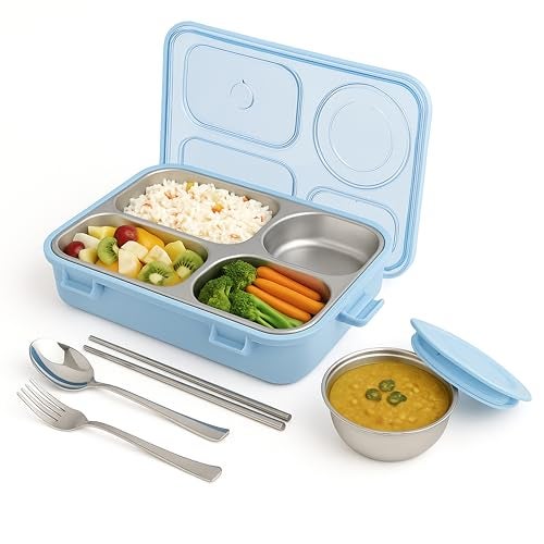 Brand Conquer Lunch Box 4 Compartment Leak-Proof BPA Free Stainless Steel for School, Lunch Box for School & Office with a Fork, a Spoon and a Pair of Chopsticks (Classic Blue, 4 Compartment) - Image 1