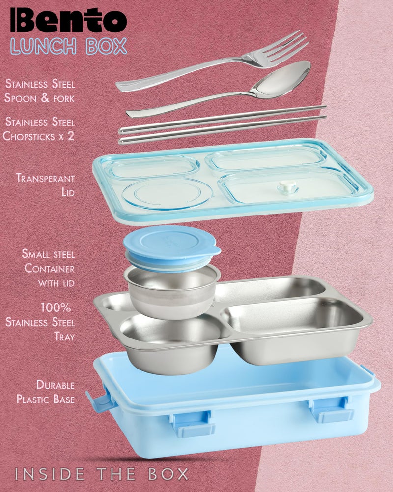 Brand Conquer Lunch Box 4 Compartment Leak-Proof BPA Free Stainless Steel for School, Lunch Box for School & Office with a Fork, a Spoon and a Pair of Chopsticks (Classic Blue, 4 Compartment) - Image 2