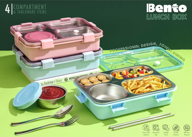 Brand Conquer Lunch Box 4 Compartment Leak-Proof BPA Free Stainless Steel for School, Lunch Box for School & Office with a Fork, a Spoon and a Pair of Chopsticks (Classic Blue, 4 Compartment) - Image 5