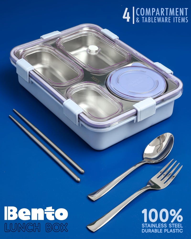 Brand Conquer Lunch Box 4 Compartment Leak-Proof BPA Free Stainless Steel for School, Lunch Box for School & Office with a Fork, a Spoon and a Pair of Chopsticks (Classic Blue, 4 Compartment) - Image 4