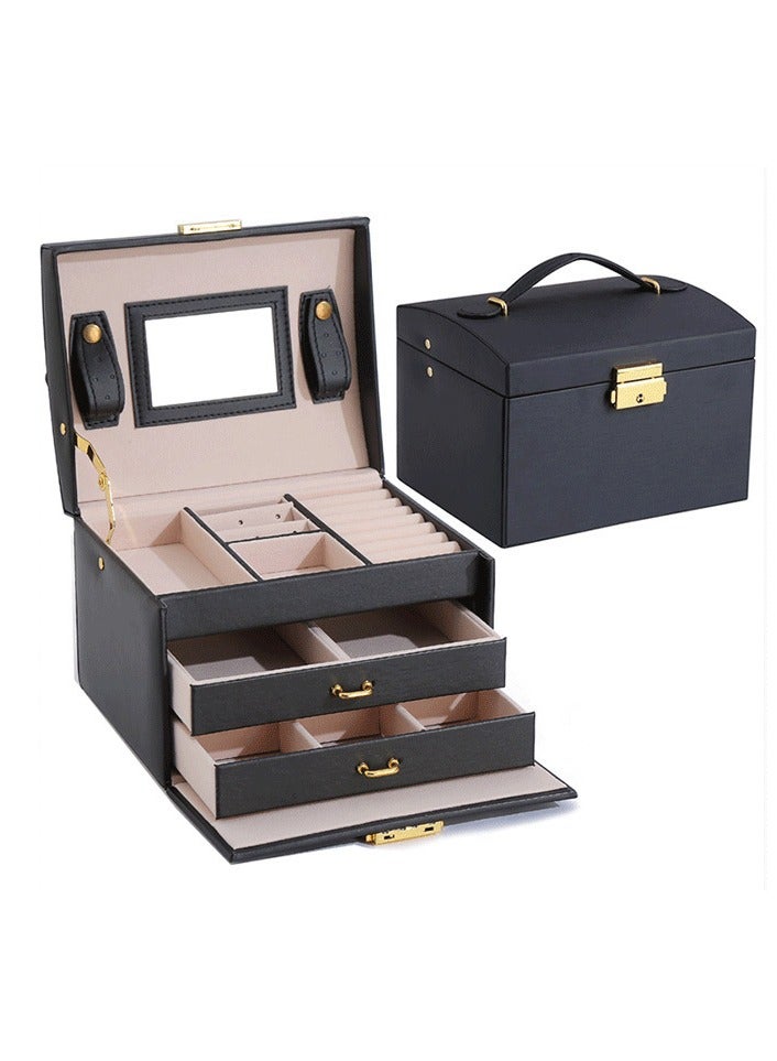 عام صندوق منظم المجوهرات 3 طبقات عالي الجودة مع قفل ومرآة ، أدراج جلد PU ، أقراط مسمار ، أقراط ، تخزين مجوهرات - Image 1