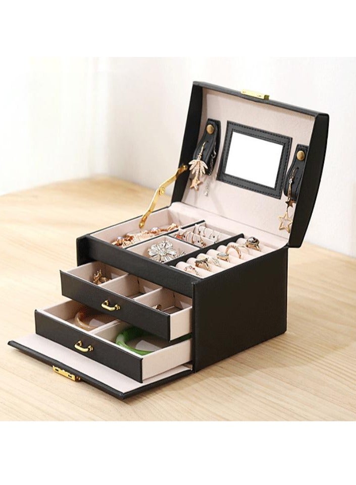 عام صندوق منظم المجوهرات 3 طبقات عالي الجودة مع قفل ومرآة ، أدراج جلد PU ، أقراط مسمار ، أقراط ، تخزين مجوهرات - Image 3