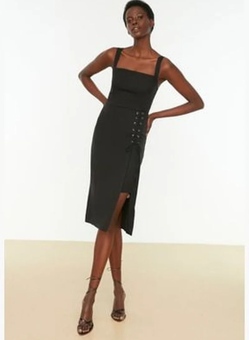 trendyol Knitted Black Midi Dress with Eyelets and a Slit TWOSS19EL0079