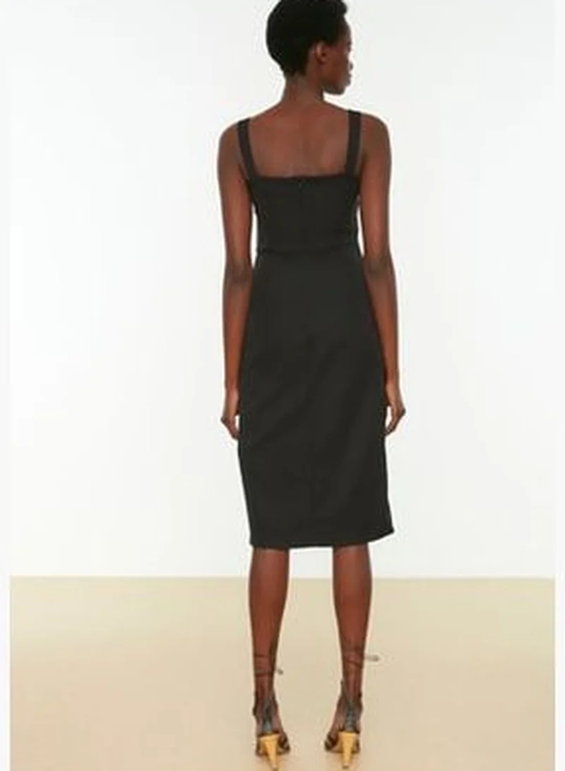 trendyol Knitted Black Midi Dress with Eyelets and a Slit TWOSS19EL0079
