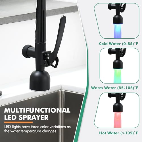 GIMILI Kitchen Faucet with LED Single Handle Kitchen Sink Faucet with Pull Down Sprayer Commercial Double-Headed Stainless Steel Kitchen Faucets Sink with Deck Plate Matte Black - Image 3