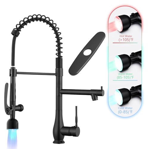 GIMILI Kitchen Faucet with LED Single Handle Kitchen Sink Faucet with Pull Down Sprayer Commercial Double-Headed Stainless Steel Kitchen Faucets Sink with Deck Plate Matte Black - Image 1