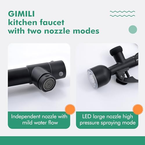 GIMILI Kitchen Faucet with LED Single Handle Kitchen Sink Faucet with Pull Down Sprayer Commercial Double-Headed Stainless Steel Kitchen Faucets Sink with Deck Plate Matte Black - Image 4
