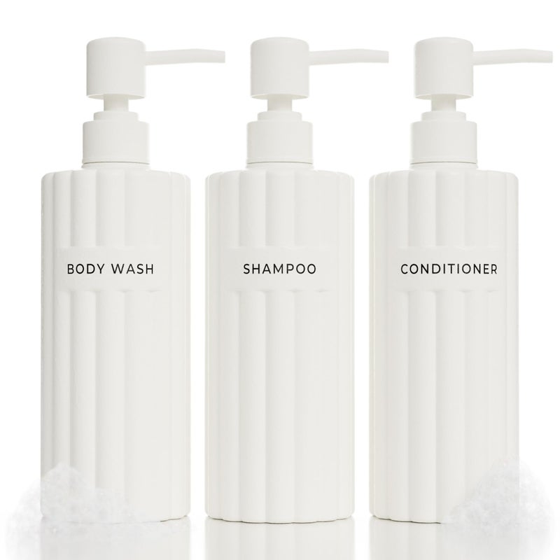 Stylish Shampoo and Conditioner Dispenser Set of 3 Modern 19oz Shower Soap Bottles with Pump and Labels Easy to Refill Body Wash Dispensers for an Instant Bathroom Decor Upgrade