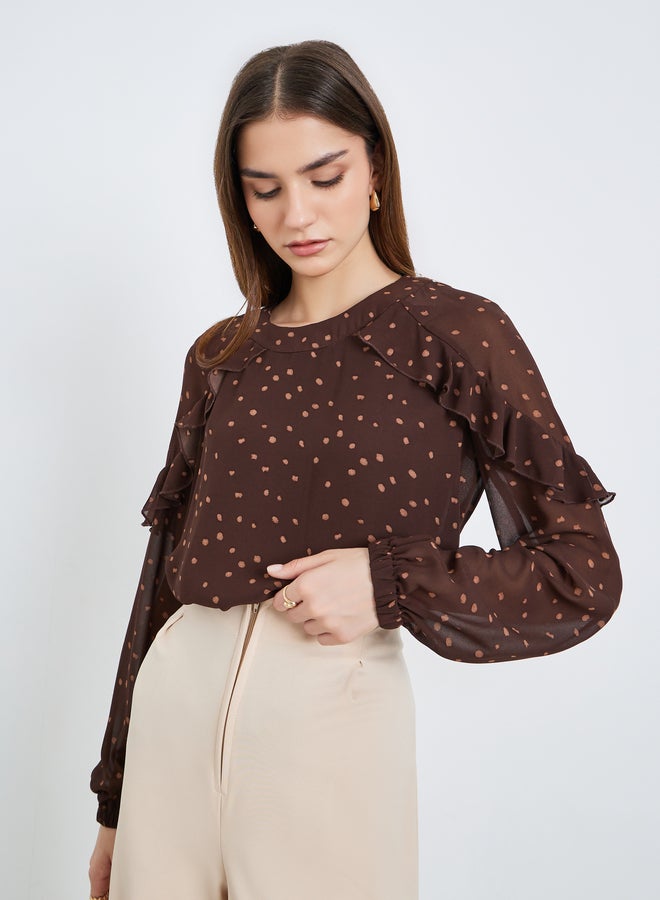 Styli Women Brown Polka Dot Long Sleeve Blouse - Image 4